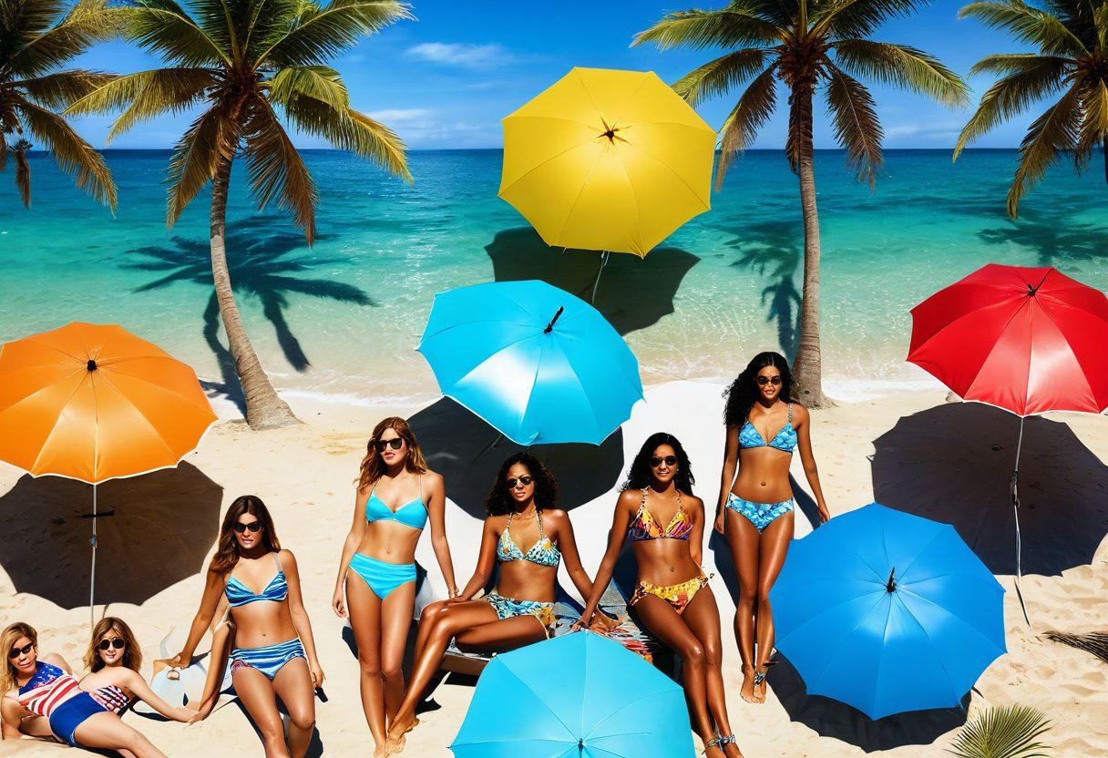 A vibrant beach scene featuring diverse models wearing trendy swimsuits showcasing the latest summer styles, with a variety of colors and patterns. Sunlight glistens off the water, capturing the essence of fun and relaxation. Include beach umbrellas, palm trees, and playful beach accessories like inflatable toys. The atmosphere should be lively and inviting, embodying a sense of summer joy. super-realistic. vibrant colors. summer theme.