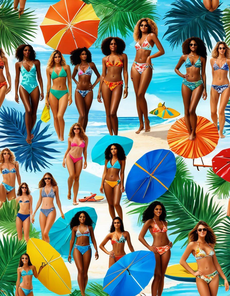 A vibrant beach scene featuring diverse models showcasing stylish Brazilian swimsuits in various colors and patterns. The setting includes sun, surf, and tropical palm trees, with a 360-degree perspective that captures the lively atmosphere. Include elements like beach towels, surfboards, and beach umbrellas to enhance the summer vibe. super-realistic. bright colors. dynamic angle.